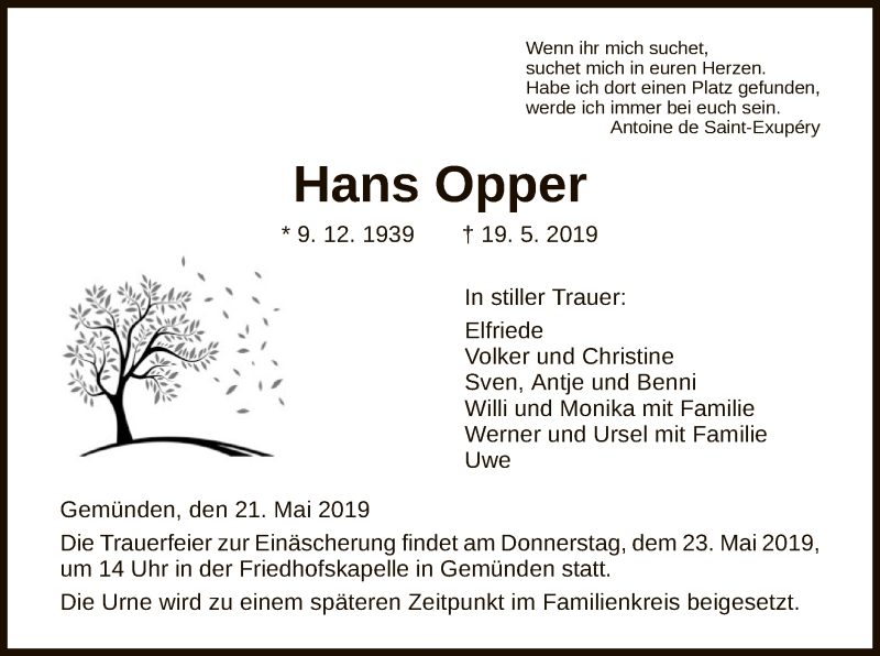  Traueranzeige für Hans Opper vom 21.05.2019 aus HNA