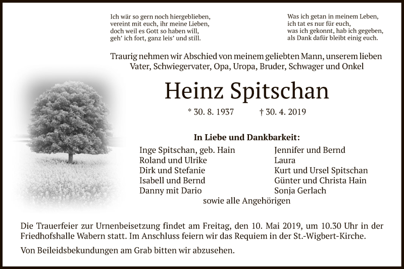  Traueranzeige für Heinz Spitschan vom 07.05.2019 aus HNA