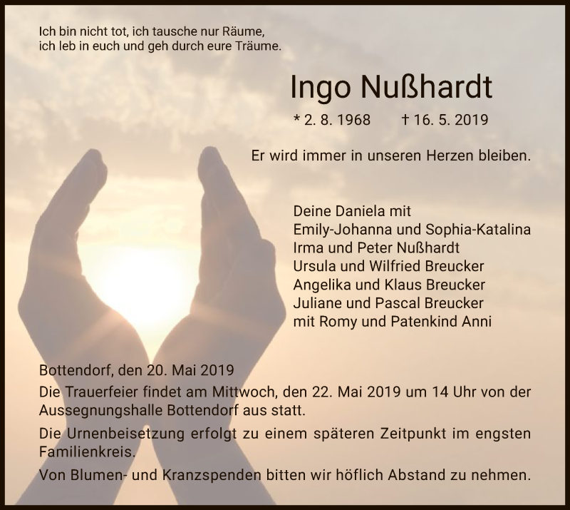  Traueranzeige für Ingo Nußhardt vom 20.05.2019 aus HNA