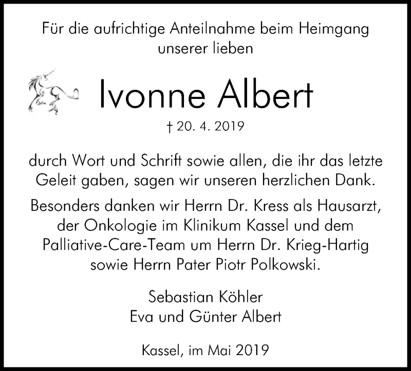  Traueranzeige für Ivonne Albert vom 11.05.2019 aus HNA