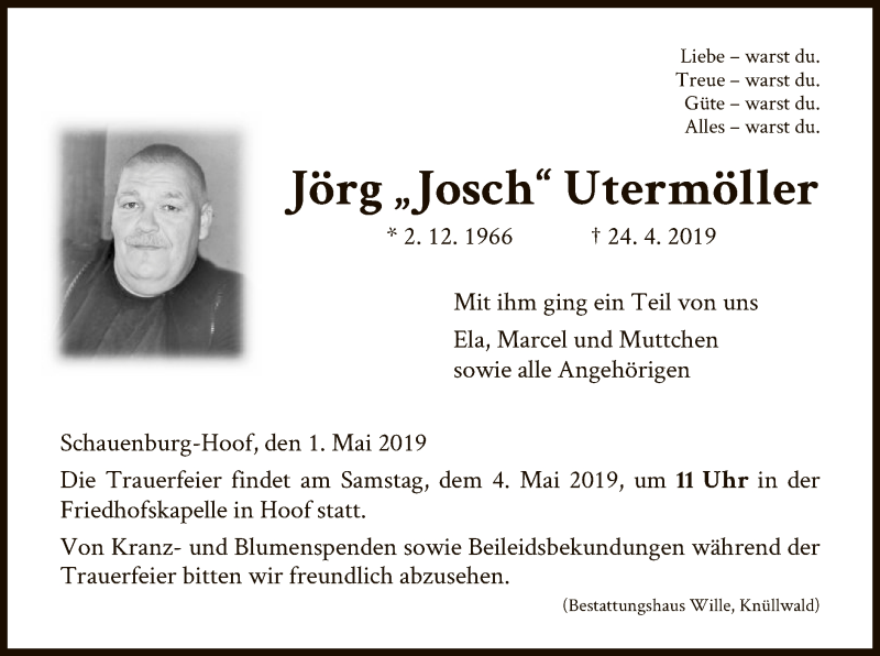  Traueranzeige für Jörg Josch Utermöller vom 01.05.2019 aus HNA