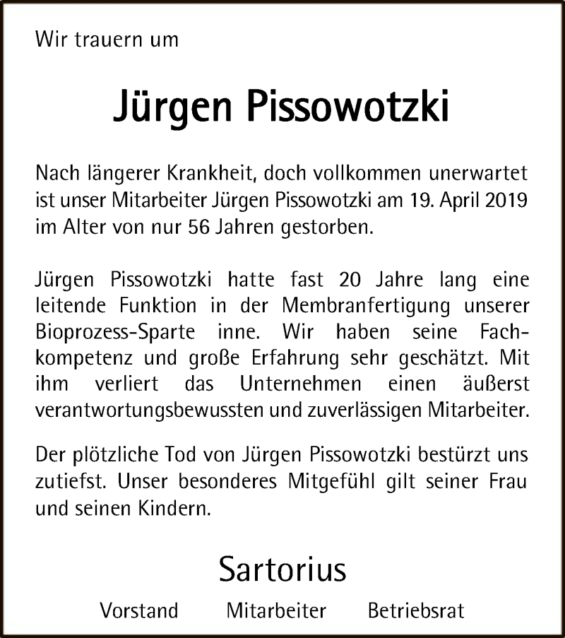  Traueranzeige für Jürgen Pissowotzki vom 04.05.2019 aus HNA