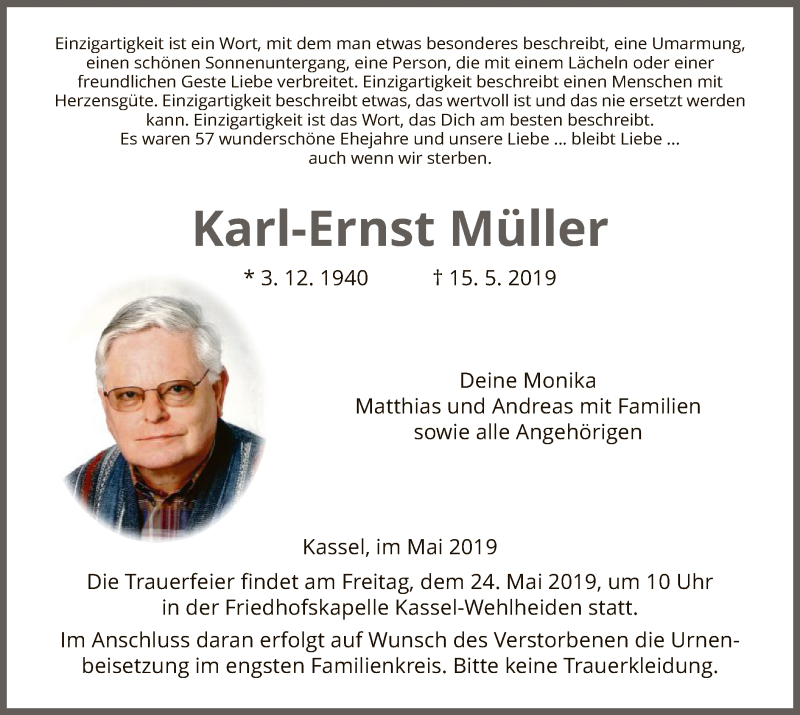  Traueranzeige für Karl-Ernst Müller vom 22.05.2019 aus HNA