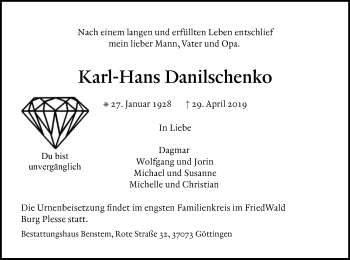 Traueranzeige von Karl-Hans Danilschenko von HNA