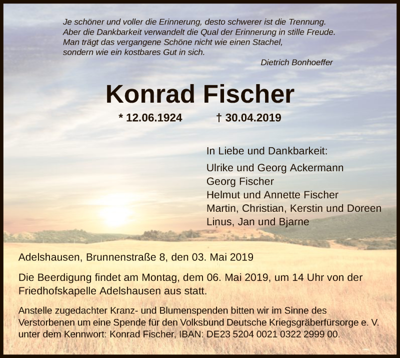  Traueranzeige für Konrad Fischer vom 03.05.2019 aus HNA