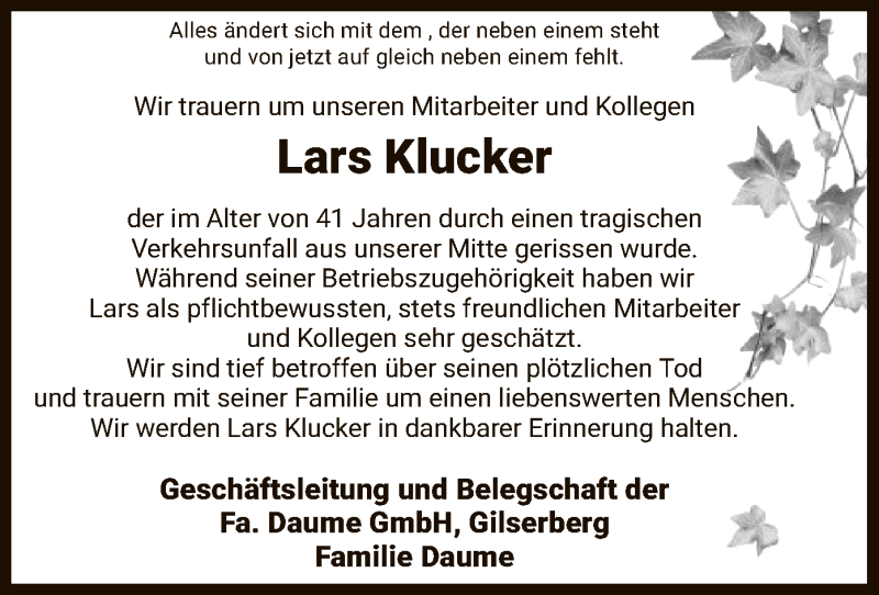  Traueranzeige für Lars Klucker vom 24.05.2019 aus HNA