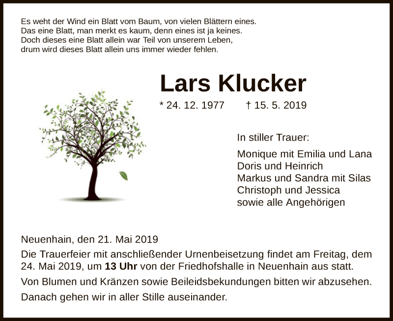  Traueranzeige für Lars Klucker vom 21.05.2019 aus HNA