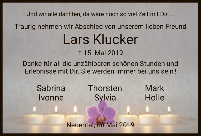 Traueranzeige für Lars Klucker vom 23.05.2019 aus HNA