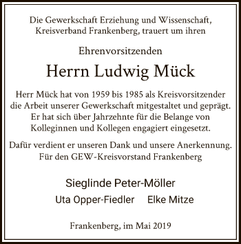 Traueranzeige von Ludwig Mück von HNA