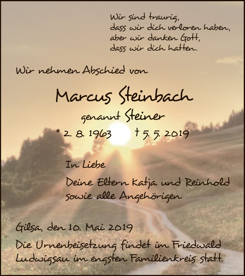  Traueranzeige für Marcus Steinbach vom 10.05.2019 aus HNA
