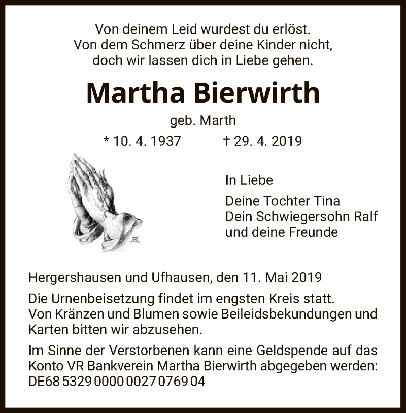 Traueranzeige für Martha Bierwirth vom 11.05.2019 aus HNA