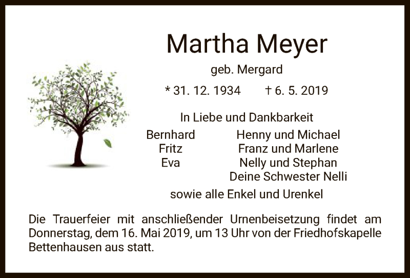  Traueranzeige für Martha Meyer vom 14.05.2019 aus HNA