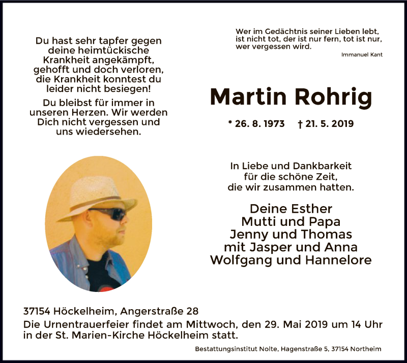  Traueranzeige für Martin Rohrig vom 25.05.2019 aus HNA