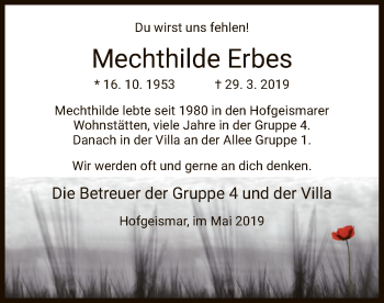 Traueranzeige von Mechthilde Erbes von HNA
