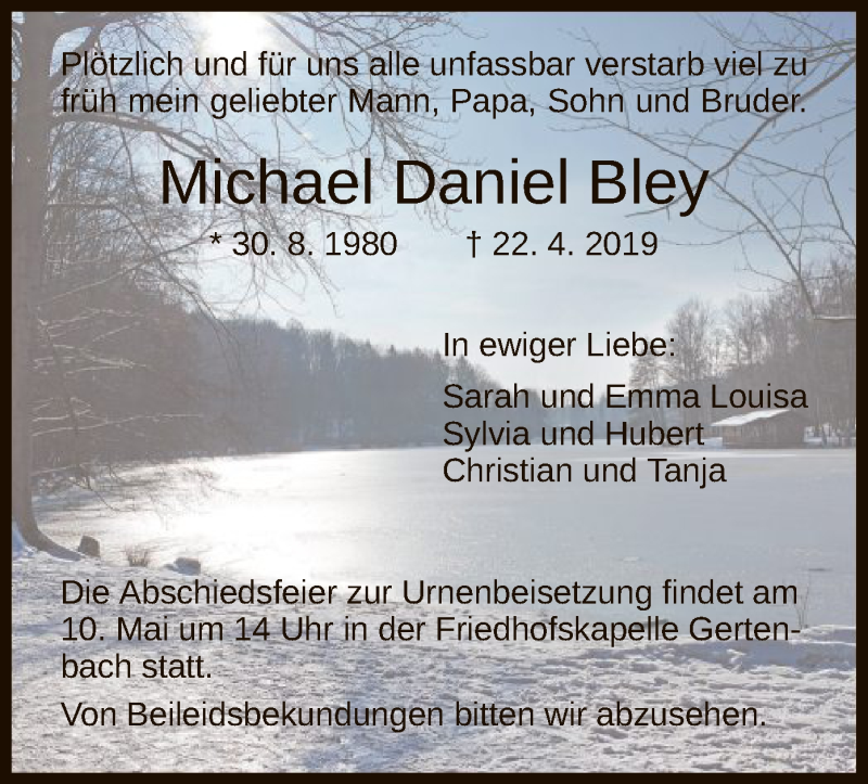 Traueranzeige für Michael Daniel Bley vom 04.05.2019 aus HNA