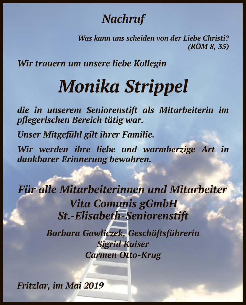  Traueranzeige für Monika Strippel vom 18.05.2019 aus HNA