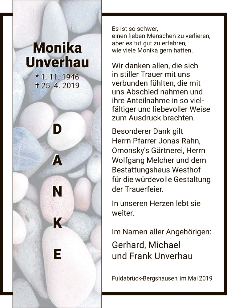  Traueranzeige für Monika Unverhau vom 25.05.2019 aus HNA