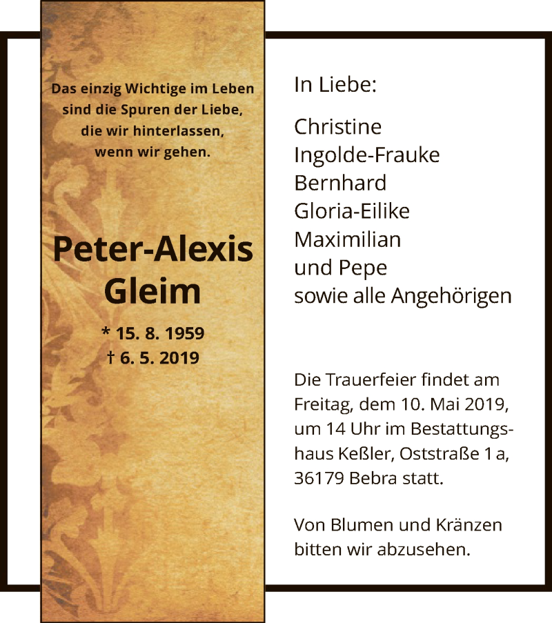  Traueranzeige für Peter-Alexis Gleim vom 09.05.2019 aus HNA