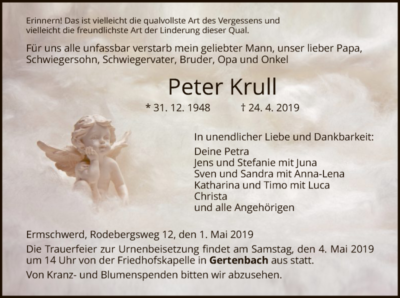  Traueranzeige für Peter Krull vom 01.05.2019 aus HNA
