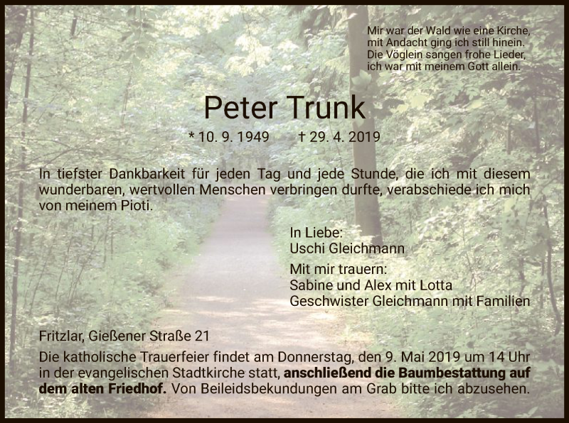 Traueranzeigen von Peter Trunk | Trauer.HNA.de
