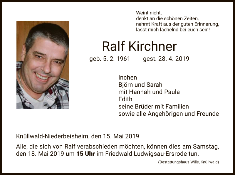  Traueranzeige für Ralf Kirchner vom 15.05.2019 aus HNA