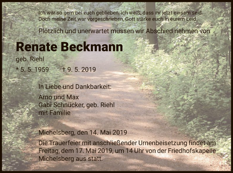  Traueranzeige für Renate Beckmann vom 14.05.2019 aus HNA