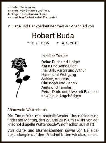 Traueranzeige von Robert Buda von HNA