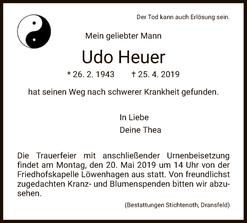  Traueranzeige für Udo Heuer vom 11.05.2019 aus HNA