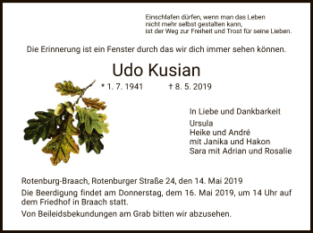 Traueranzeige von Udo Kusian von HNA