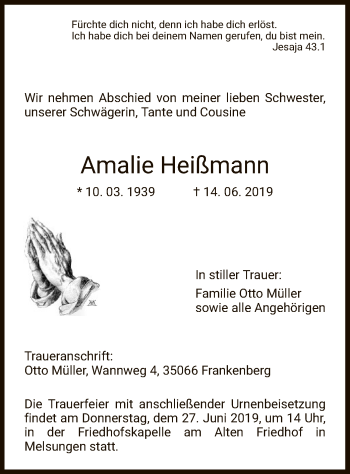 Traueranzeige von Amalie Heißmann von HNA