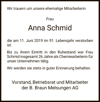 Traueranzeige von Anna Schmid von HNA