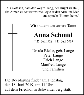 Traueranzeige von Anna Schmid von HNA