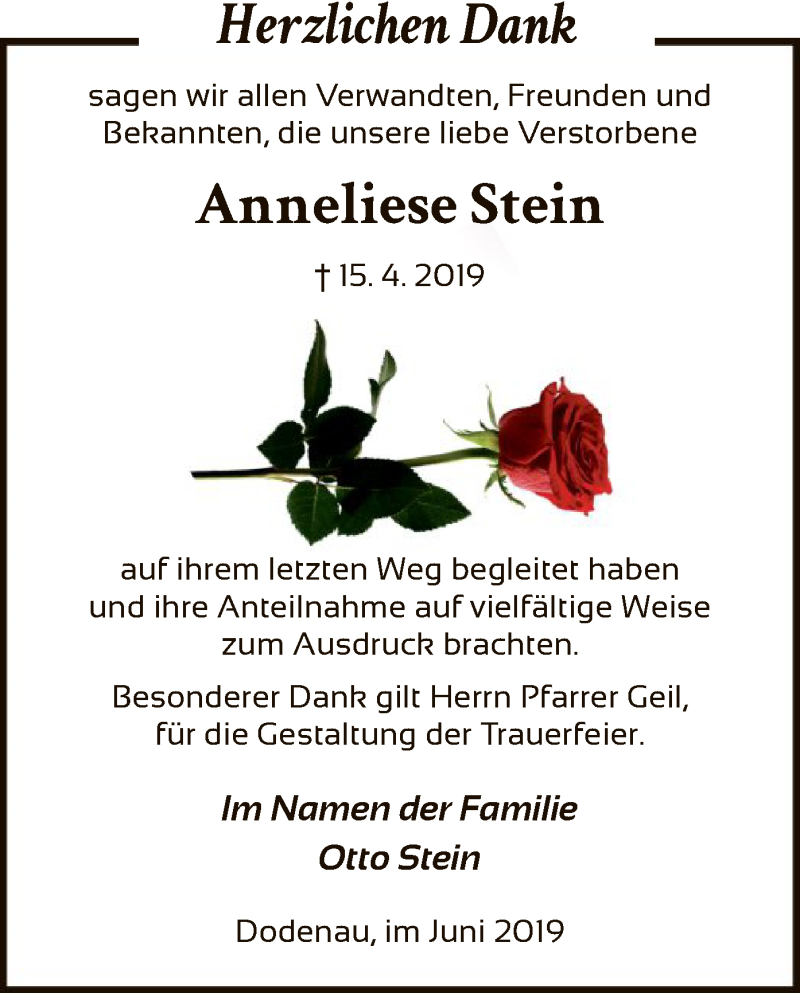  Traueranzeige für Anneliese Stein vom 08.06.2019 aus HNA
