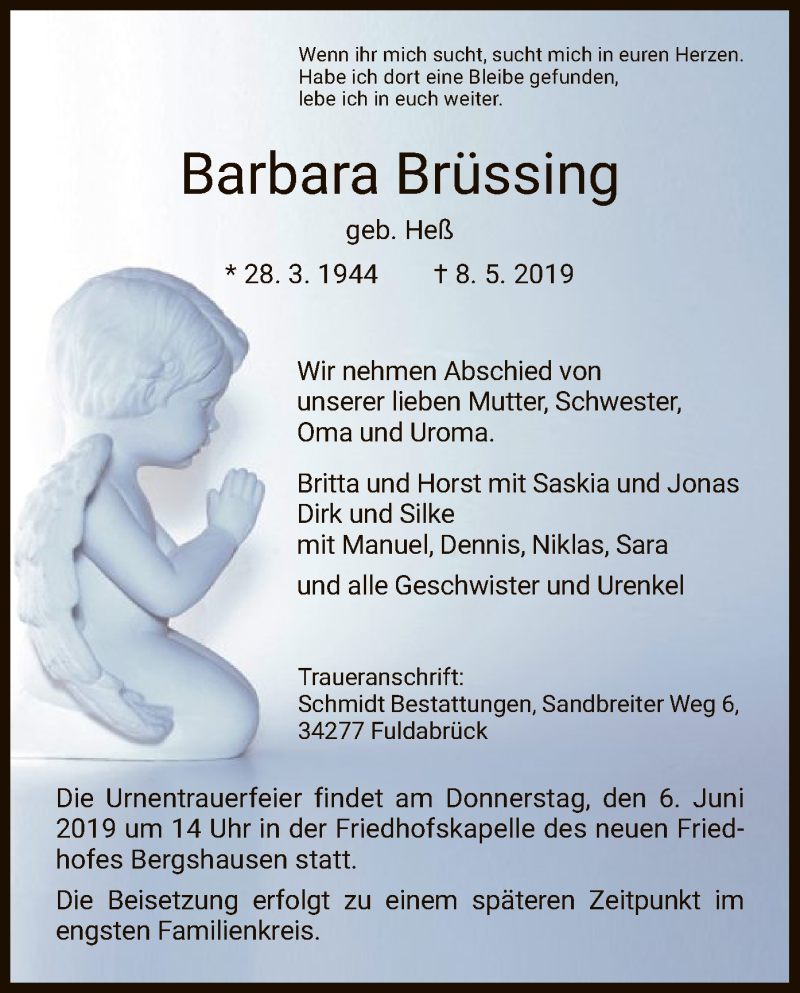  Traueranzeige für Barbara Brüssing vom 01.06.2019 aus HNA