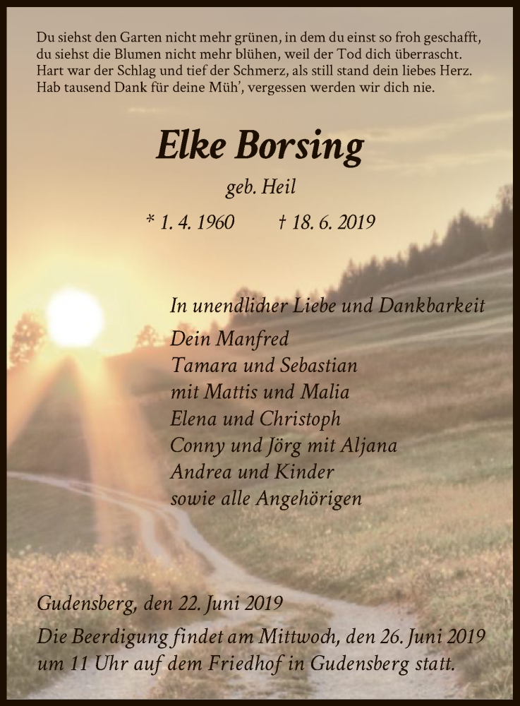  Traueranzeige für Elke Borsing vom 22.06.2019 aus HNA