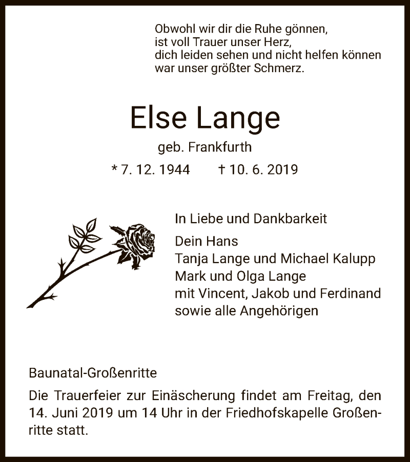 Traueranzeige für Else Lange vom 12.06.2019 aus HNA