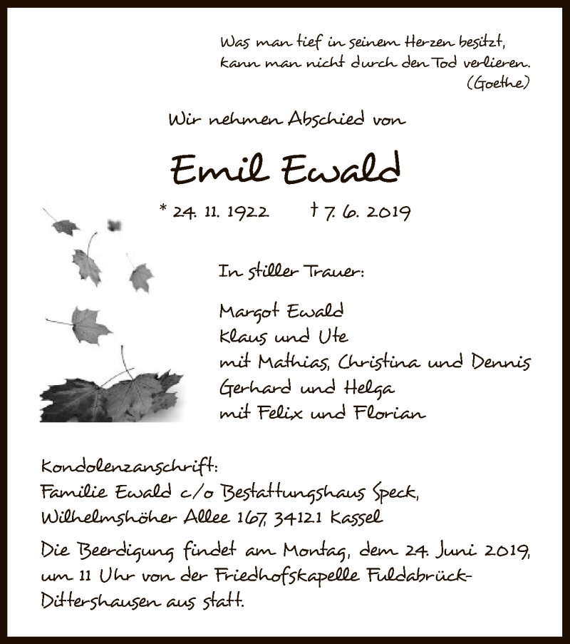  Traueranzeige für Emil Ewald vom 18.06.2019 aus HNA