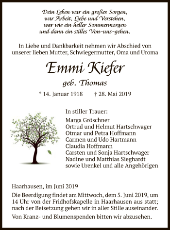 Traueranzeige von Emmi Kiefer von HNA