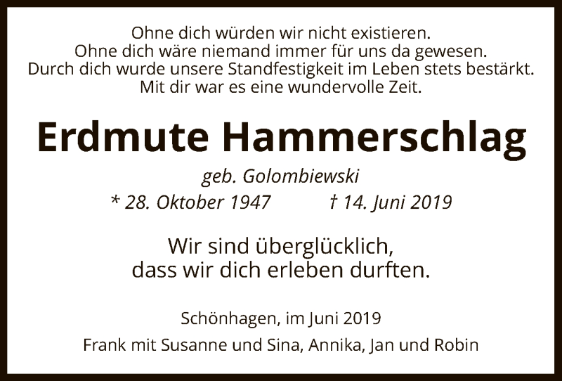  Traueranzeige für Erdmute Hammerschlag vom 18.06.2019 aus HNA
