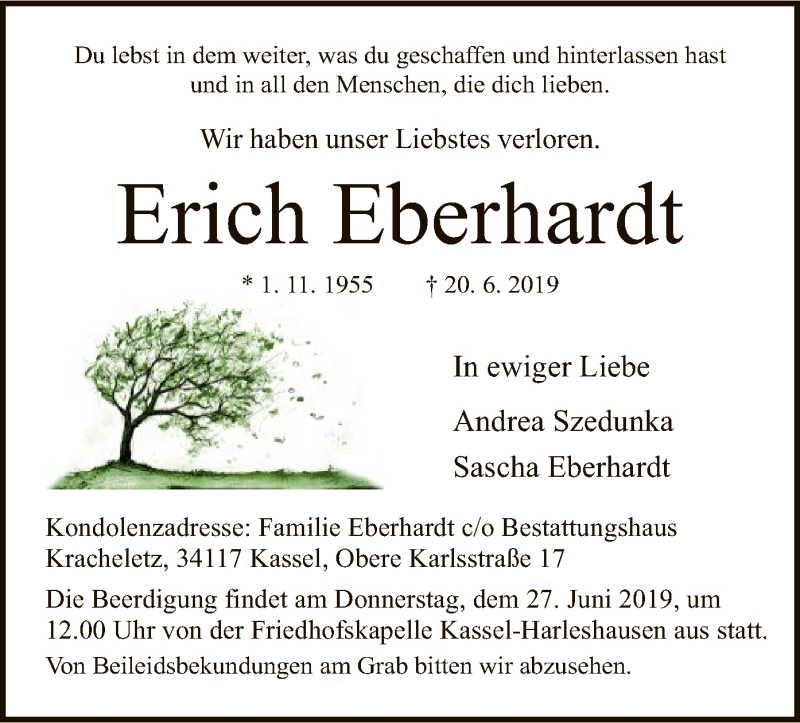  Traueranzeige für Erich Eberhardt vom 24.06.2019 aus HNA