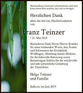 Traueranzeige von Franz Teinzer von HNA