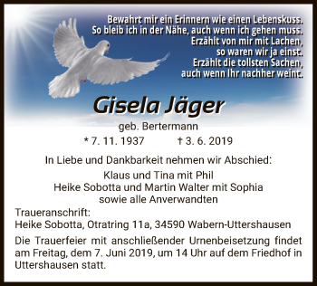 Traueranzeige von Gisela Jäger von HNA