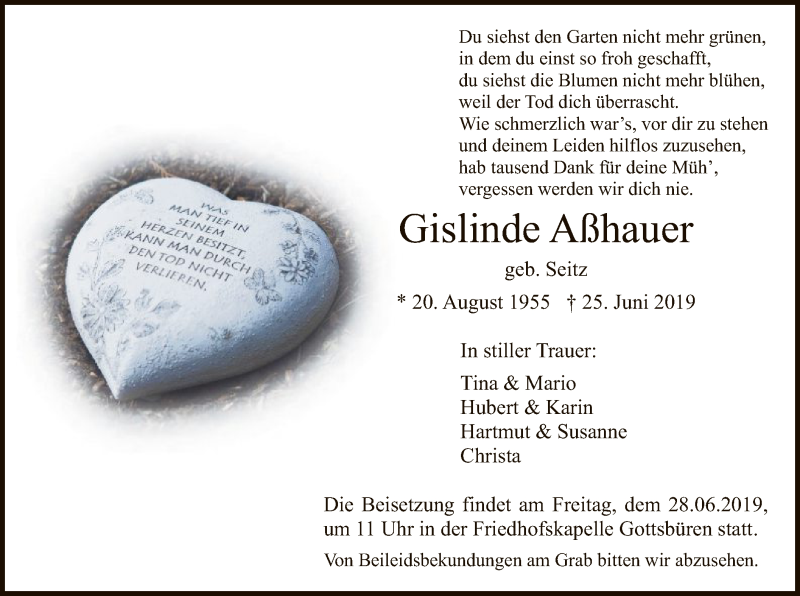  Traueranzeige für Gislinde Aßhauer vom 27.06.2019 aus HNA
