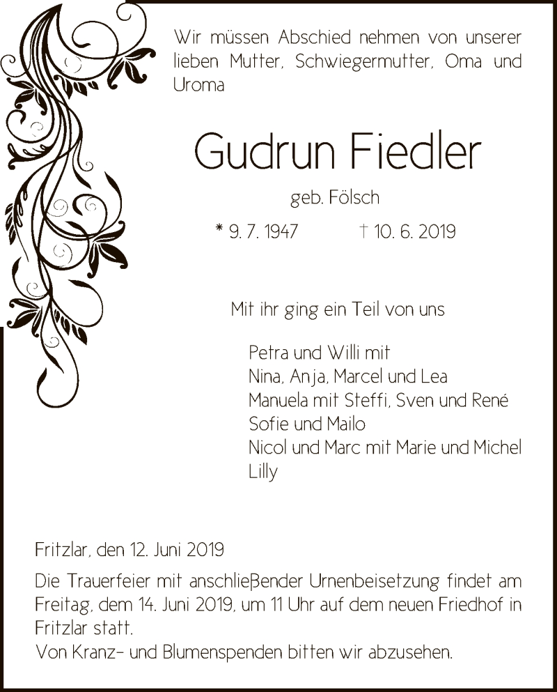  Traueranzeige für Gudrun Fiedler vom 12.06.2019 aus HNA
