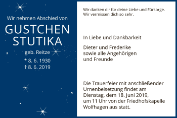 Traueranzeige von Gustchen Stutika von HNA