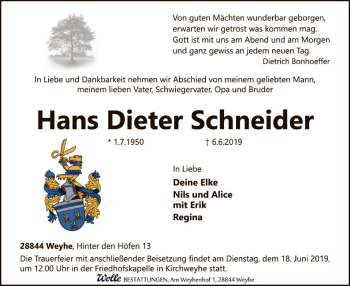 Traueranzeige von Hans Dieter Schneider von HNA