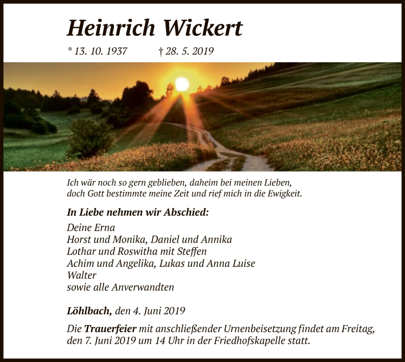  Traueranzeige für Heinrich Wickert vom 04.06.2019 aus HNA