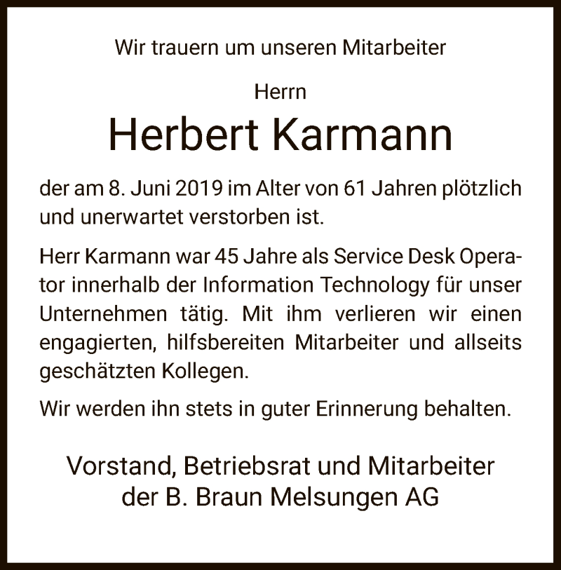  Traueranzeige für Herbert Karmann vom 19.06.2019 aus HNA