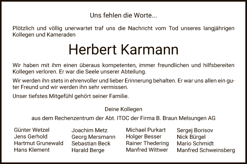  Traueranzeige für Herbert Karmann vom 13.06.2019 aus HNA