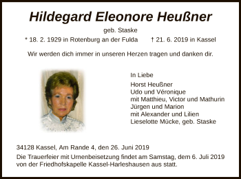 Traueranzeige von Hildegard Eleonore Heußner von HNA